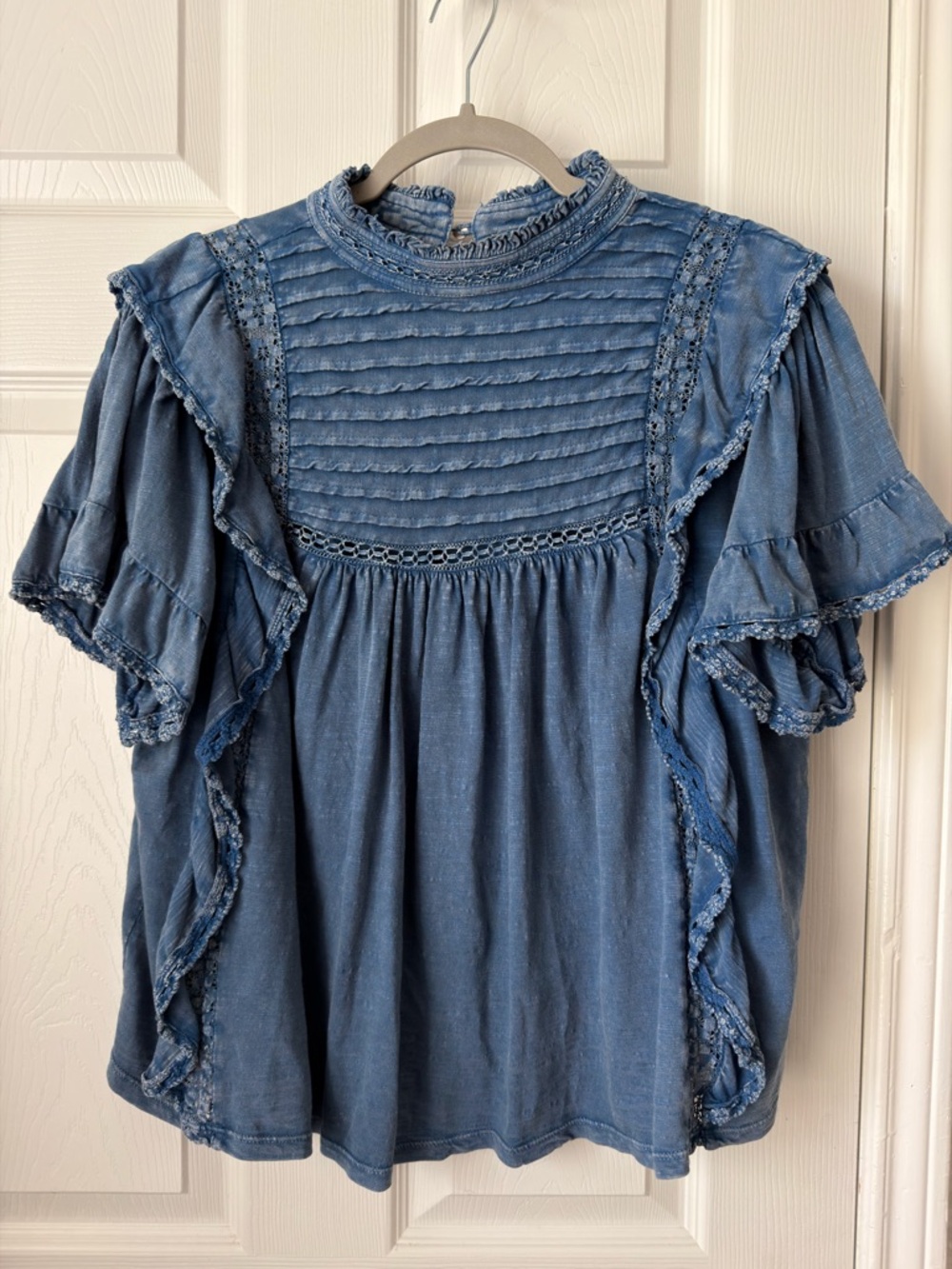 Free People Le Femme Ruffled Crochet Top Blue Boho Medium - Picture 2 of 8